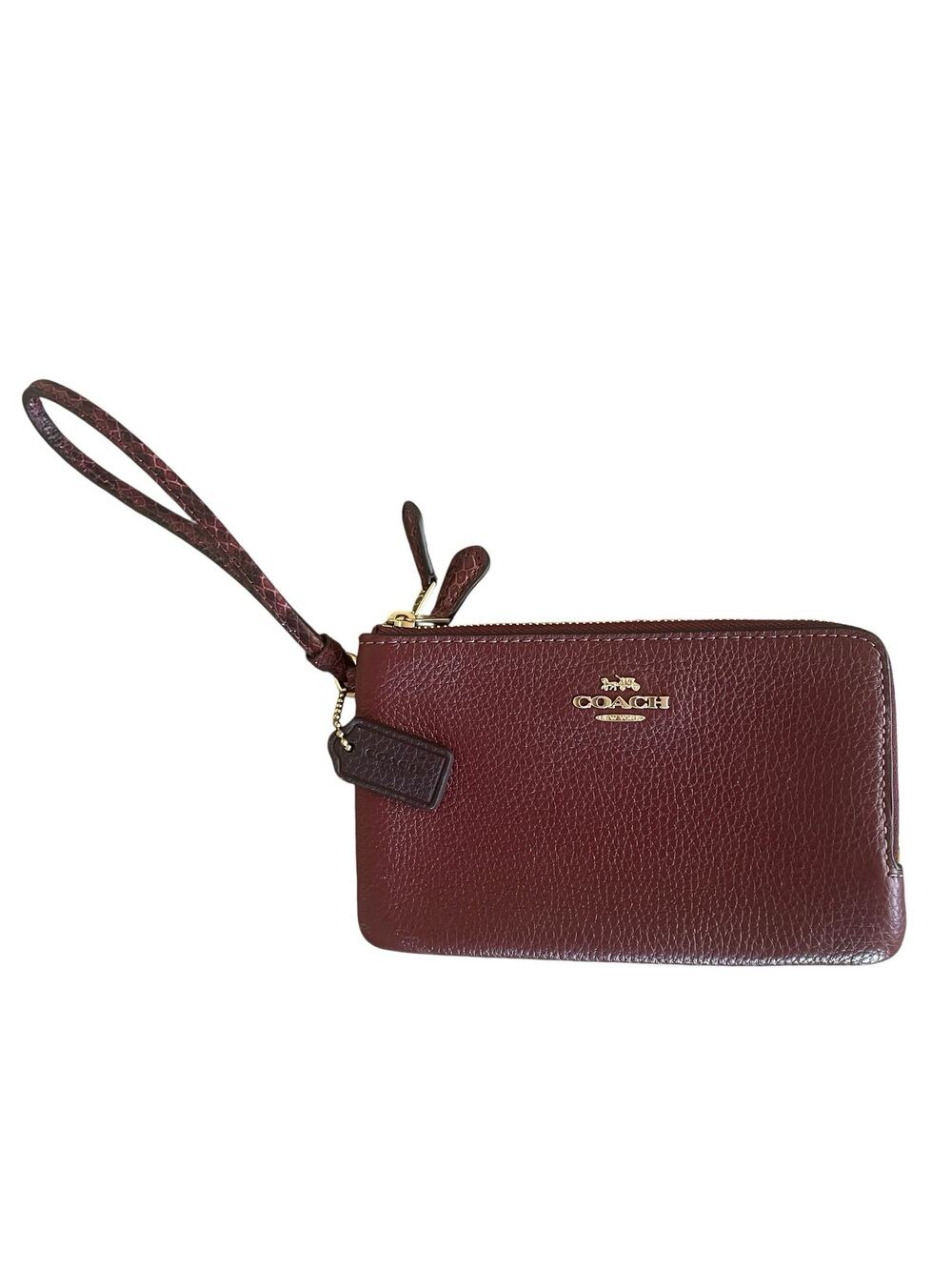 COACH Double Corner Zip Wristlet Wallet NWT Wine Multi Pebbled Leather Gold Tone